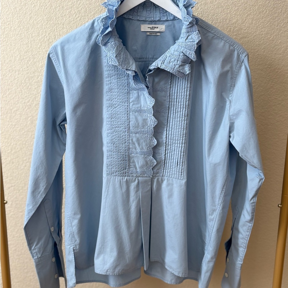 Isabel Marant Light Blue Ruffled Pintuck Cotton Blouse